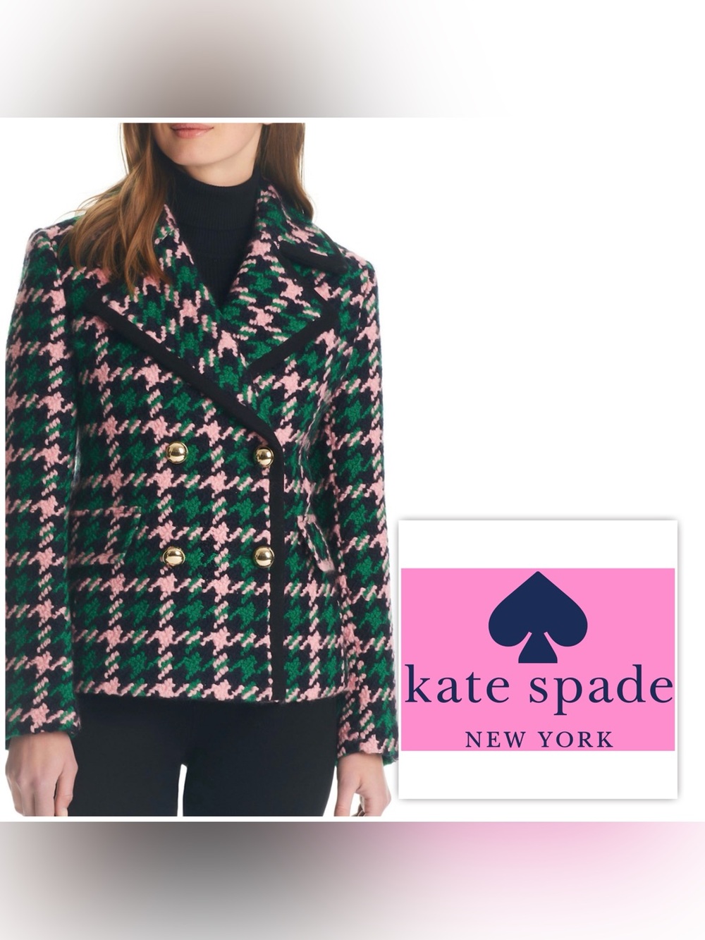 Kate Spade Women's Double-Breasted Houndstooth Wool Blend Peacoat sz XXL